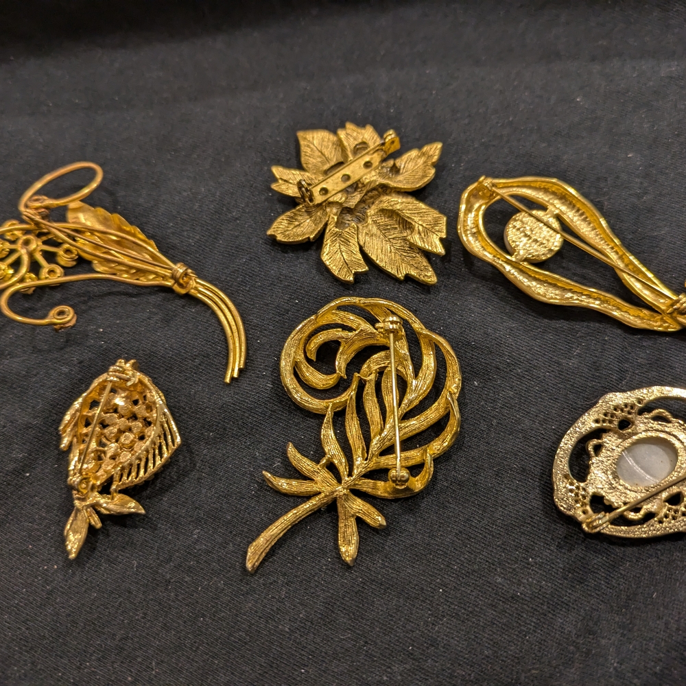 Vintage Gold Tone Brooch Collection with Nature-Inspired Designs Set Of 6